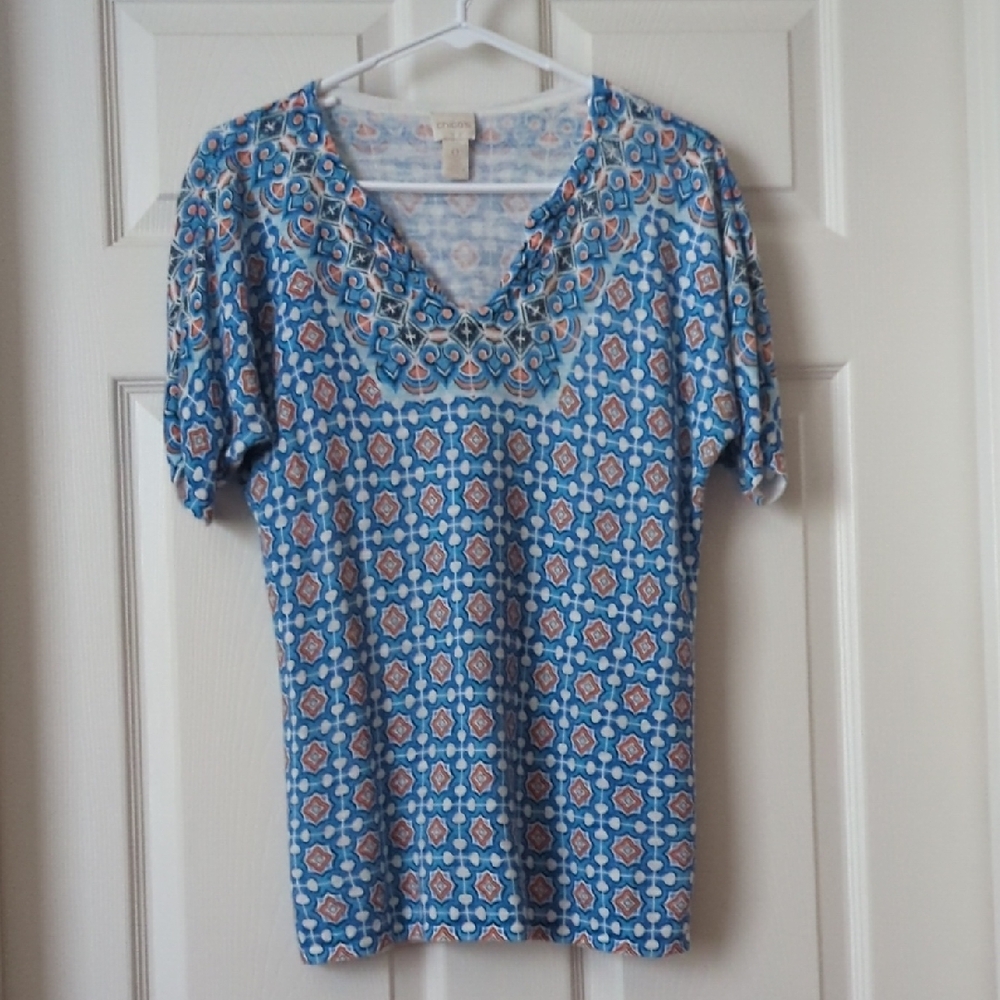 Chico's Blue and Orange Patterned Blouse